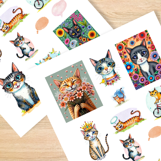 Handmade-Style Cats Ephemera Paper Stickers – 1 Page (8.5in x 11in) for Collage & Journaling
