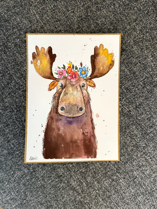 Original Watercolor Art – “Floral Crown Moose” by AdriO