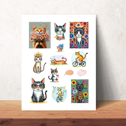 Handmade-Style Cats Ephemera  Paper Stickers – 1 Page (8.5in x 11in) for Collage & Journaling