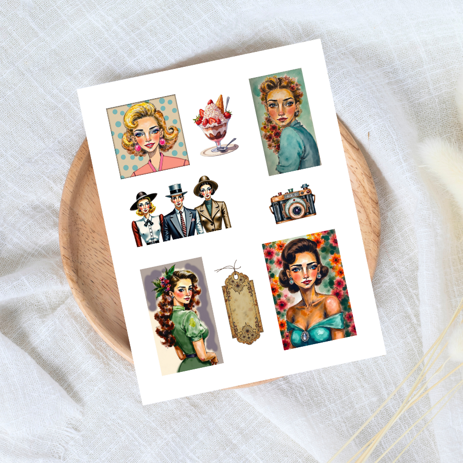 Handmade-Style Ephemera Vintage Paper Stickers  – 1 Page for Collage & Journaling