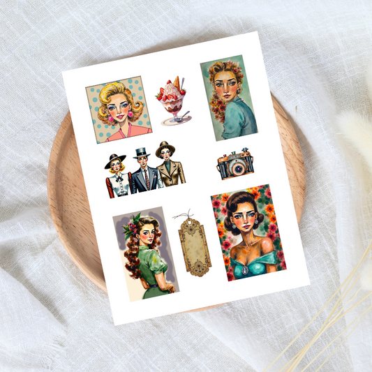 Handmade-Style Ephemera Vintage Paper Stickers  – 1 Page for Collage & Journaling