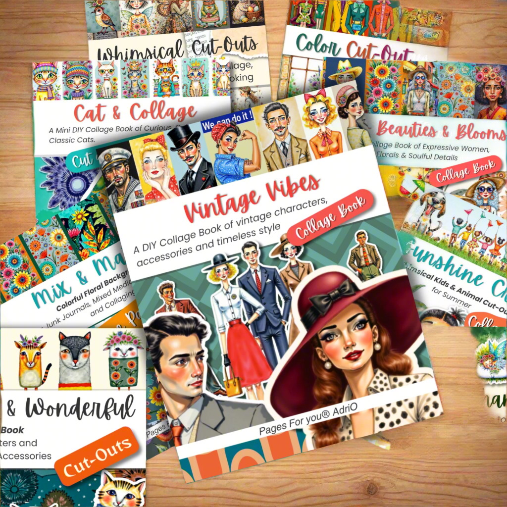 Collection of vintage-themed collage books on a wooden surface