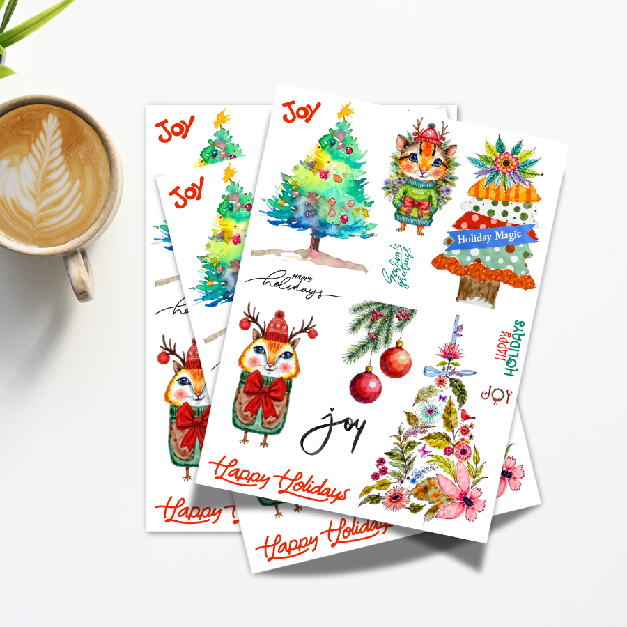 🎄 Holiday Watercolor Paper Sticker Ephemera – PagesForYou® by AdriO