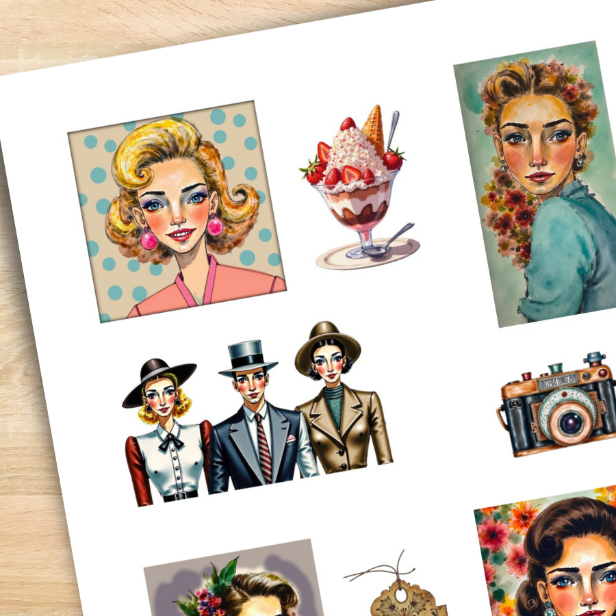 Handmade-Style Ephemera Vintage Paper Stickers  – 1 Page for Collage & Journaling