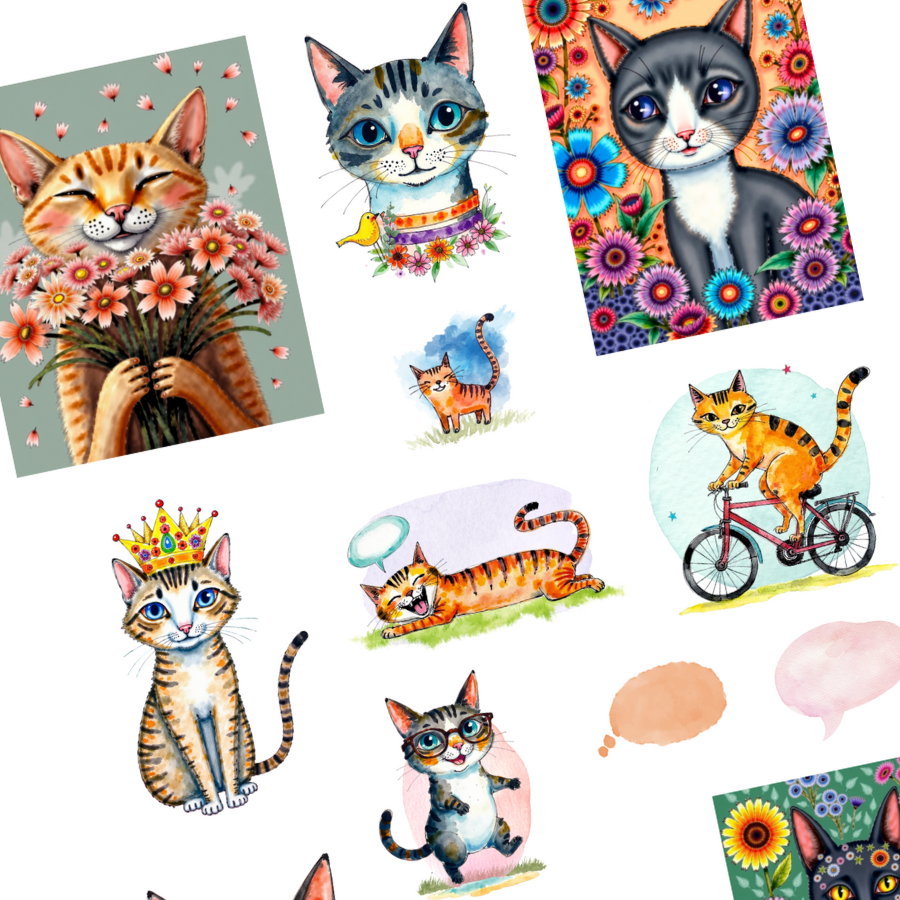 Handmade-Style Cats Ephemera  Paper Stickers – 1 Page (8.5in x 11in) for Collage & Journaling
