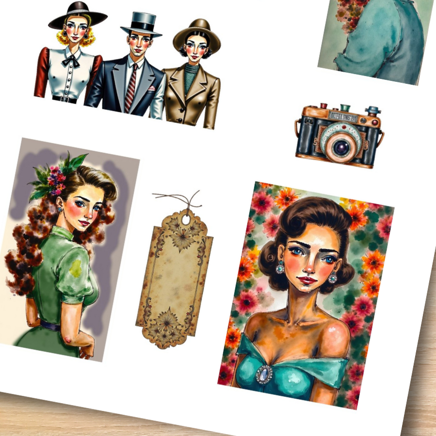 Handmade-Style Ephemera Vintage Paper Stickers  – 1 Page for Collage & Journaling