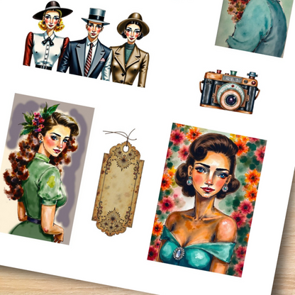 Handmade-Style Ephemera Vintage Paper Stickers  – 1 Page for Collage & Journaling
