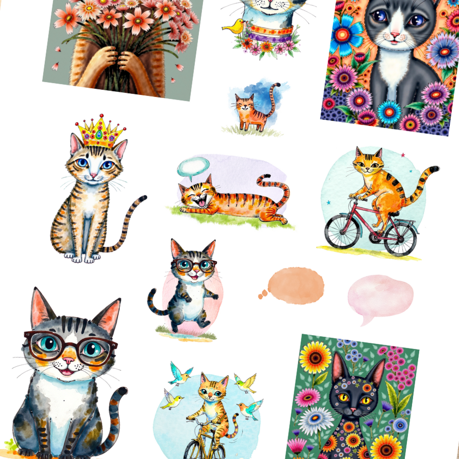 Handmade-Style Cats Ephemera  Paper Stickers – 1 Page (8.5in x 11in) for Collage & Journaling