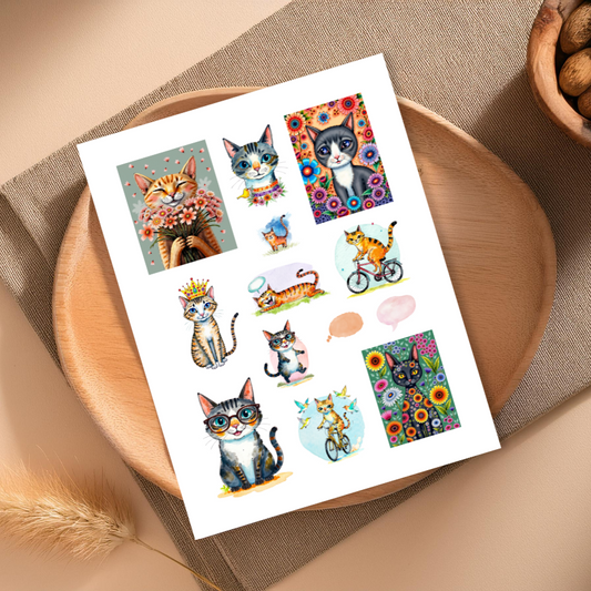Handmade-Style Cats Ephemera  Paper Stickers – 1 Page (8.5in x 11in) for Collage & Journaling