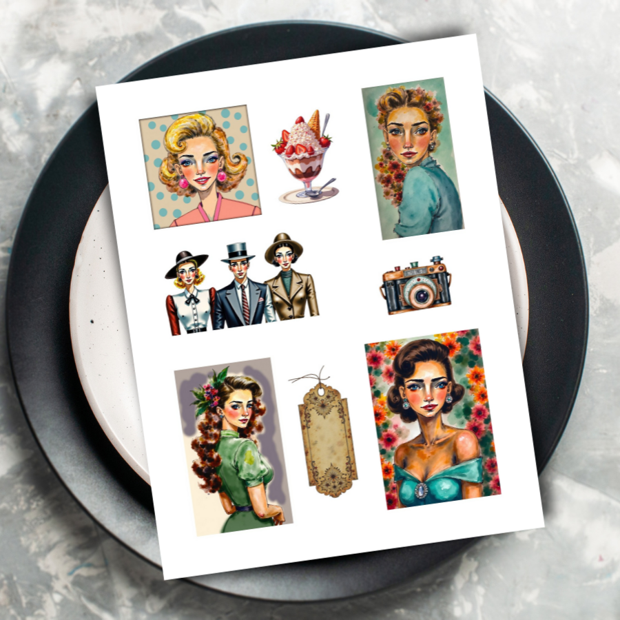 Handmade-Style Ephemera Vintage Paper Stickers  – 1 Page for Collage & Journaling