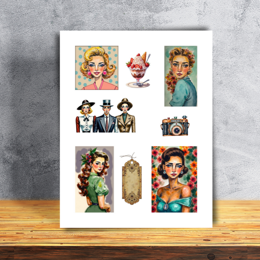 Handmade-Style Ephemera Vintage Paper Stickers  – 1 Page for Collage & Journaling