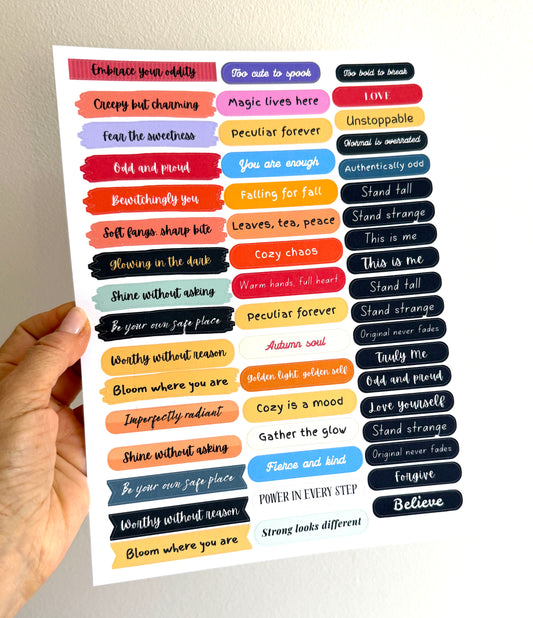 Collage Word Stickers · 1 Sheet of Paper Stickers with Inspirational and Quirky Phrases