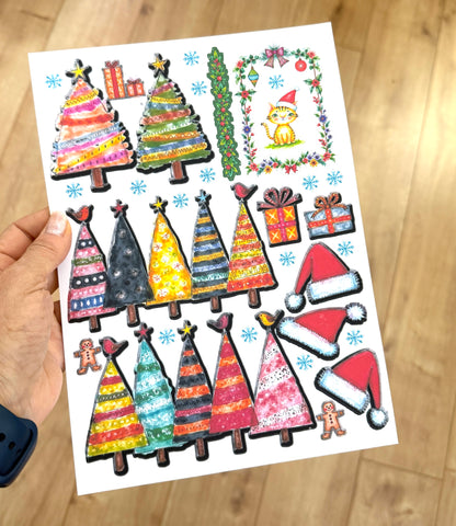 Whimsical Holiday Collage Stickers • Precut Matte Paper Sheet 8.5 × 11 in