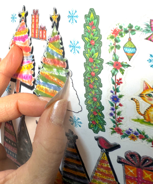 Whimsical Holiday Collage Stickers • Precut Matte Paper Sheet 8.5 × 11 in