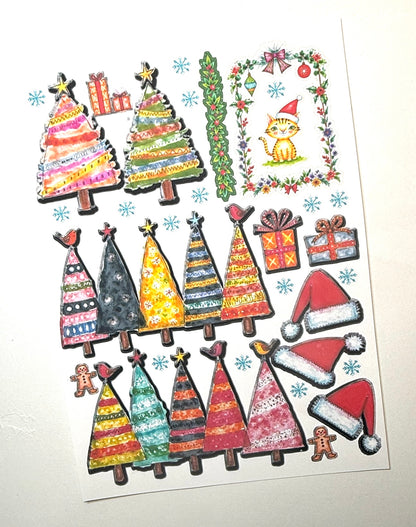 Whimsical Holiday Collage Stickers • Precut Matte Paper Sheet 8.5 × 11 in