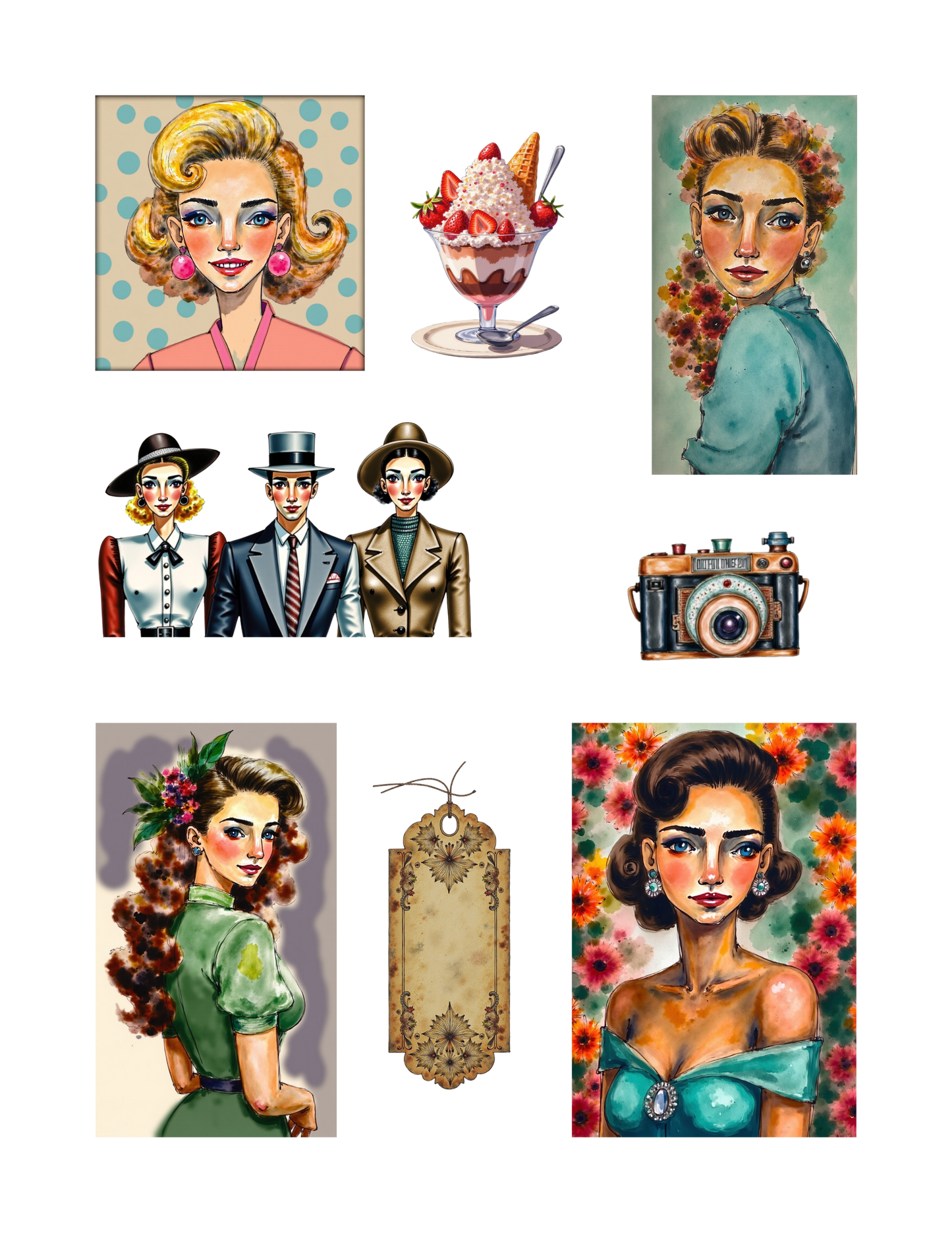 Handmade-Style Ephemera Vintage Paper Stickers  – 1 Page for Collage & Journaling