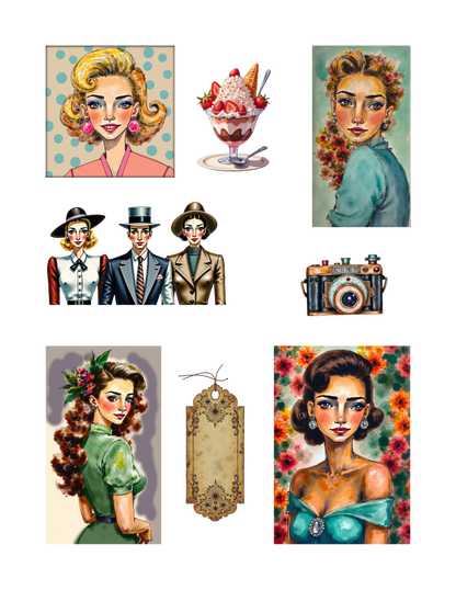 Handmade-Style Ephemera Vintage Paper Stickers  – 1 Page for Collage & Journaling