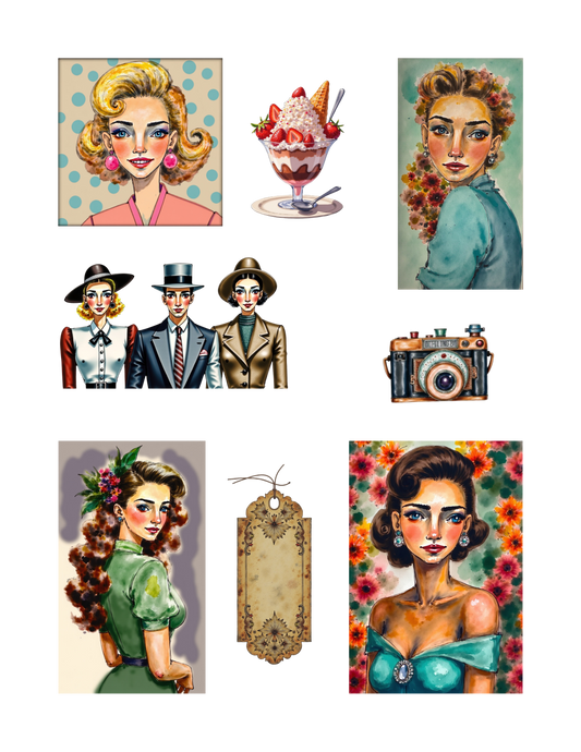 Handmade-Style Ephemera Vintage Paper Stickers  – 1 Page for Collage & Journaling